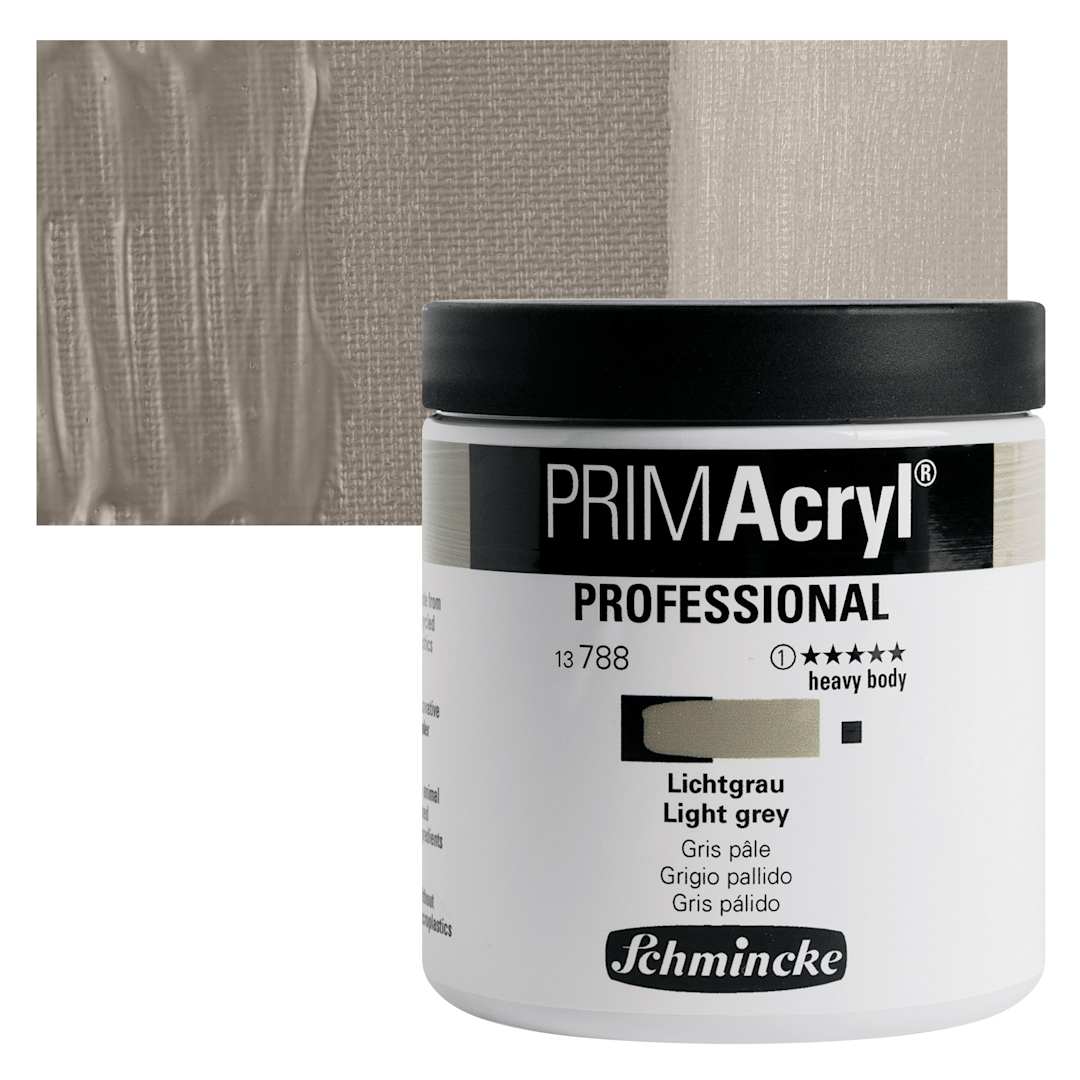 Open in modal - Schmincke Primacryl Professional Acrylic Paint - Light Grey, 237 ml Jar and swatch