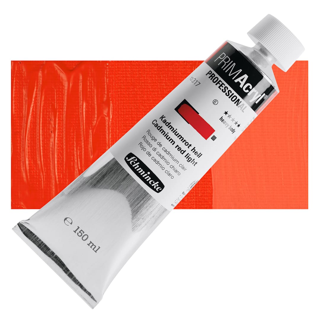 Open in modal - Schmincke Primacryl Professional Acrylic Paint - Cadmium Red Light, 150 ml Tube and swatch