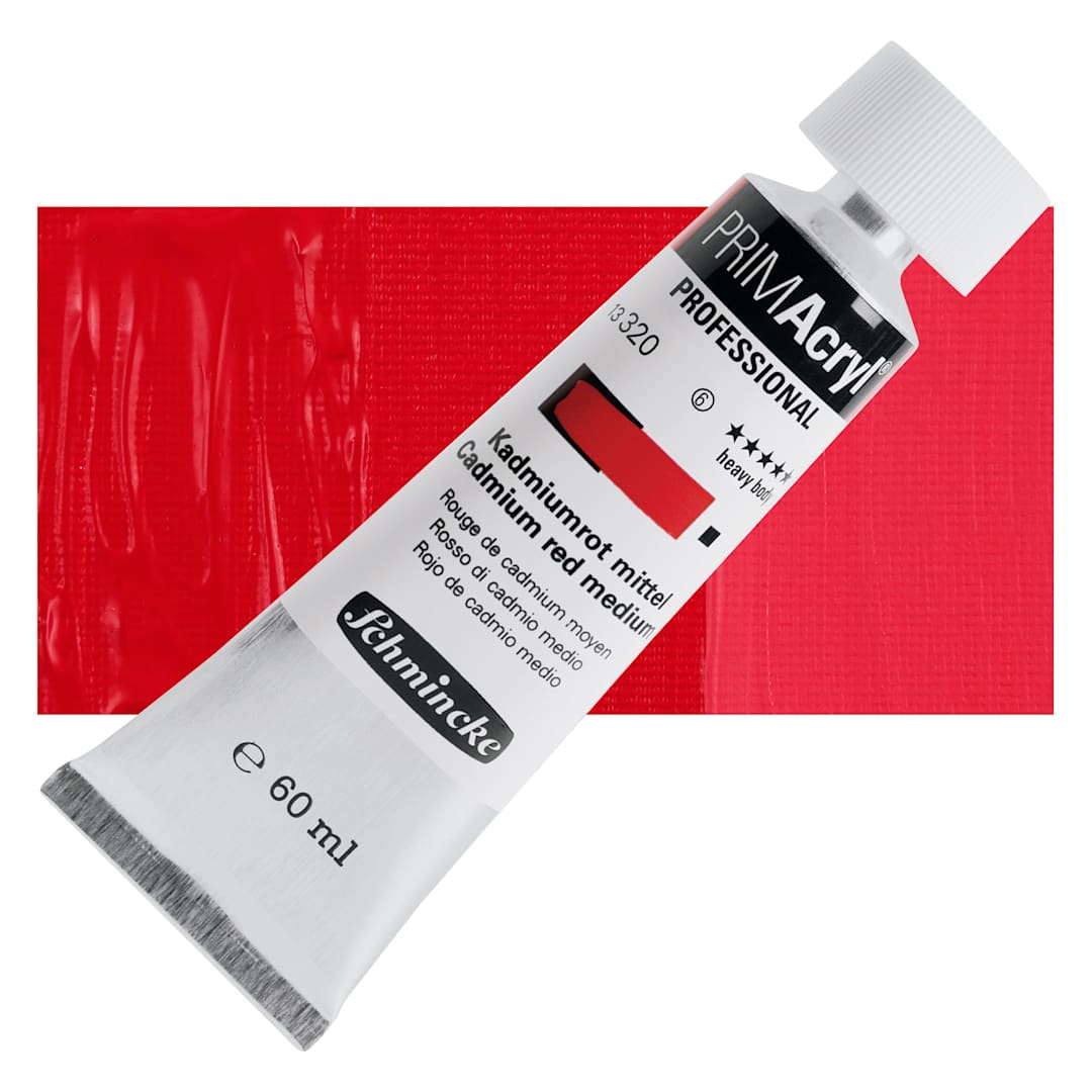 Open in modal - Schmincke Primacryl Professional Acrylic Paint - Cadmium Red Medium, 60 ml Tube and swatch