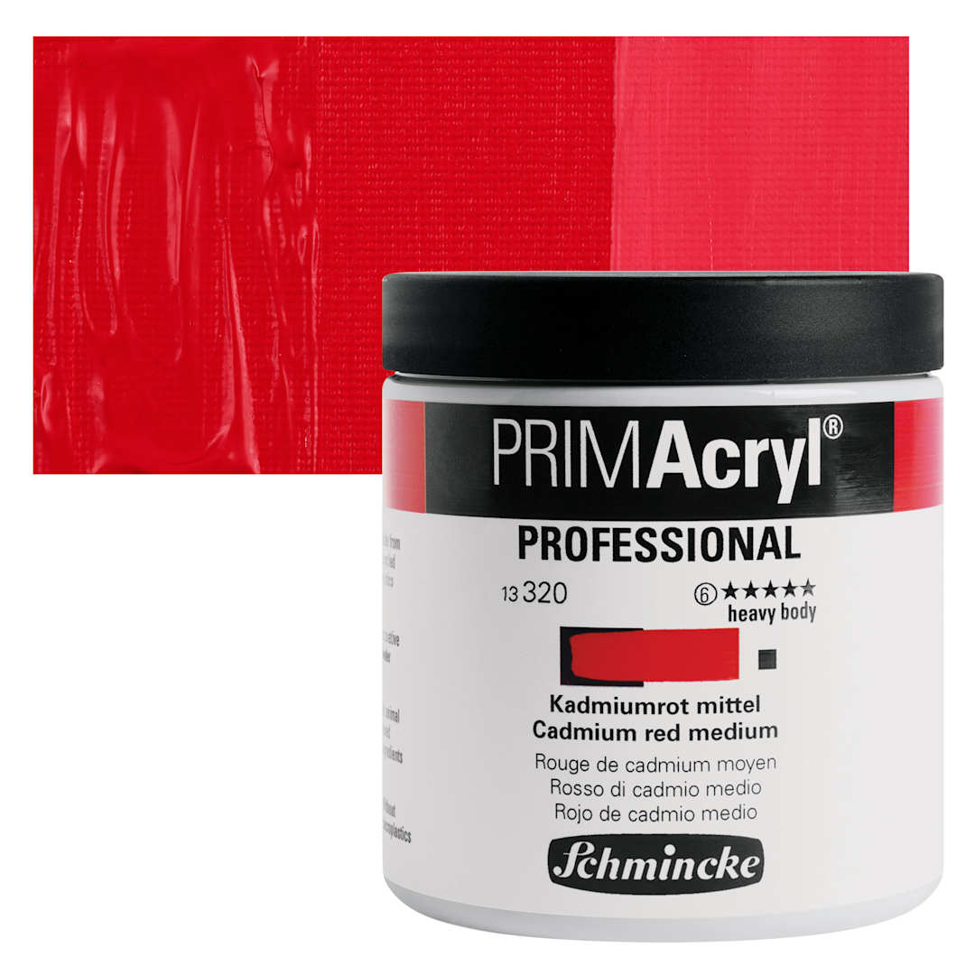 Open in modal - Schmincke Primacryl Professional Acrylic Paint - Cadmium Red Medium, 237 ml Jar and swatch