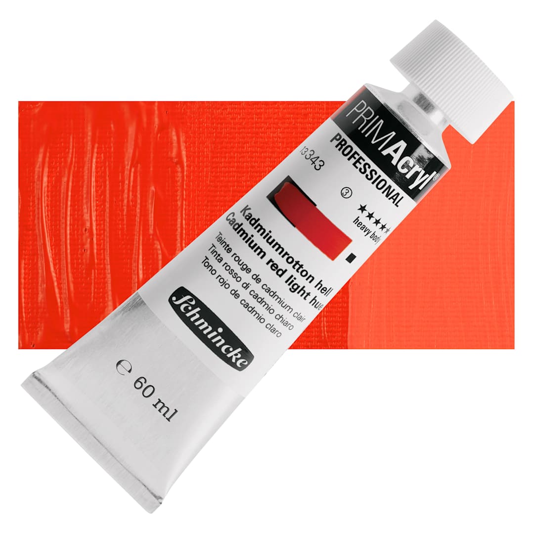 Open in modal - Schmincke Primacryl Professional Acrylic Paint - Cadmium Red Light Hue, 60 ml Tube and swatch