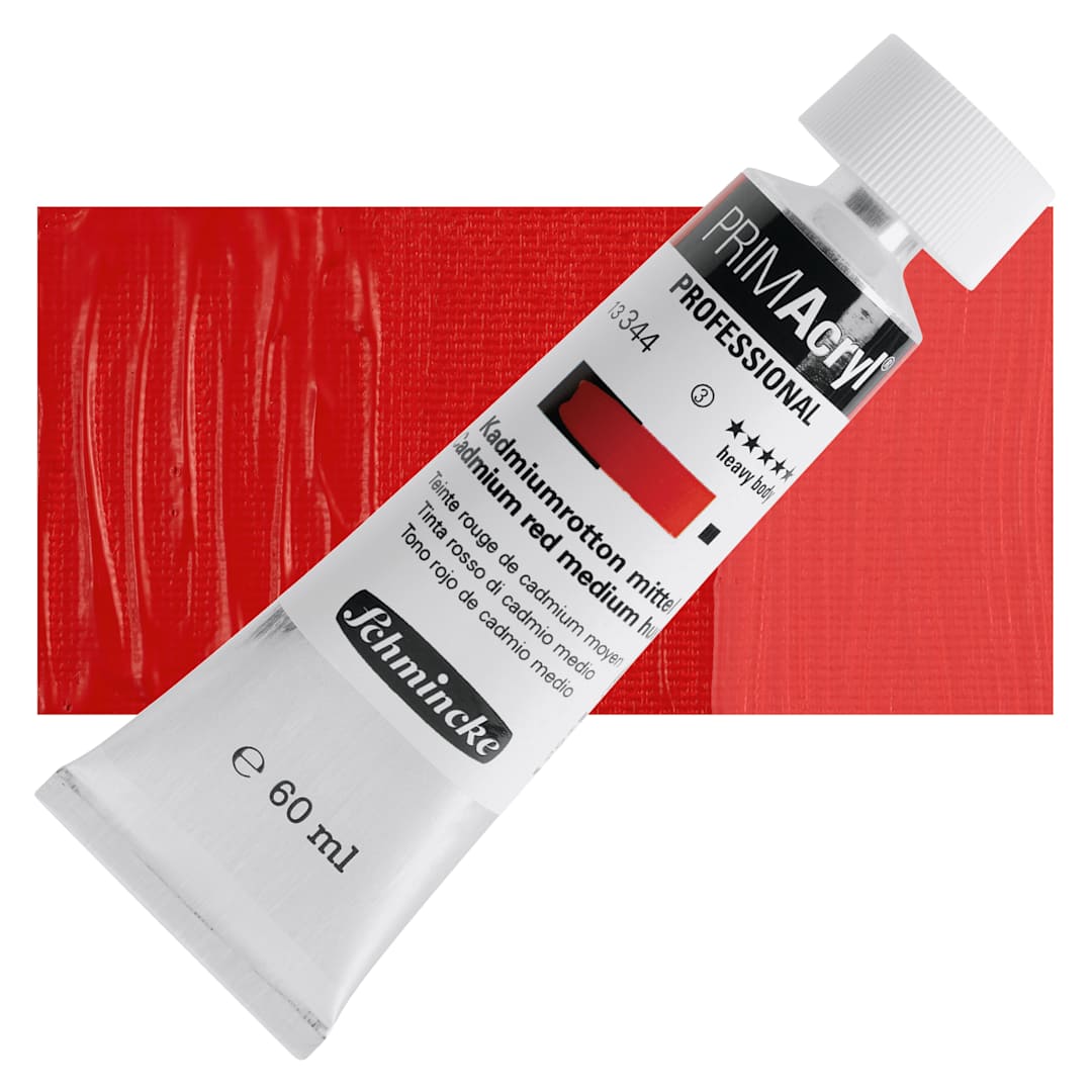 Open in modal - Schmincke Primacryl Professional Acrylic Paint - Cadmium Red Medium Hue, 60 ml Tube and swatch