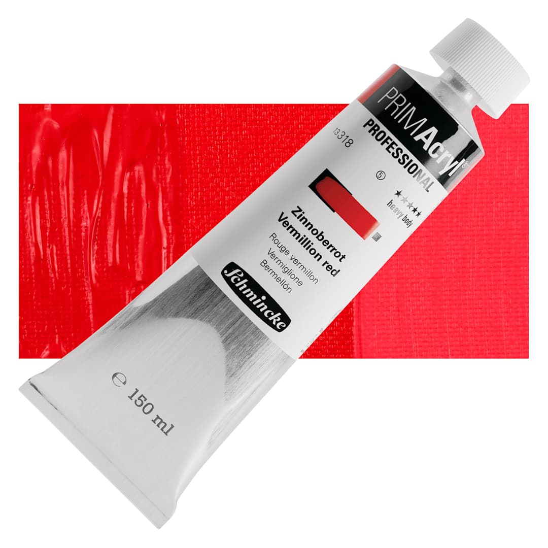 Open in modal - Schmincke Primacryl Professional Acrylic Paint - Vermilion Red, 150 ml Tube and swatch