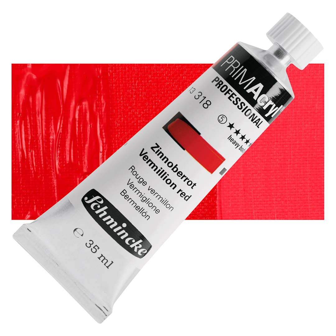 Open in modal - Schmincke Primacryl Professional Acrylic Paint - Vermilion Red, 35 ml Tube and swatch