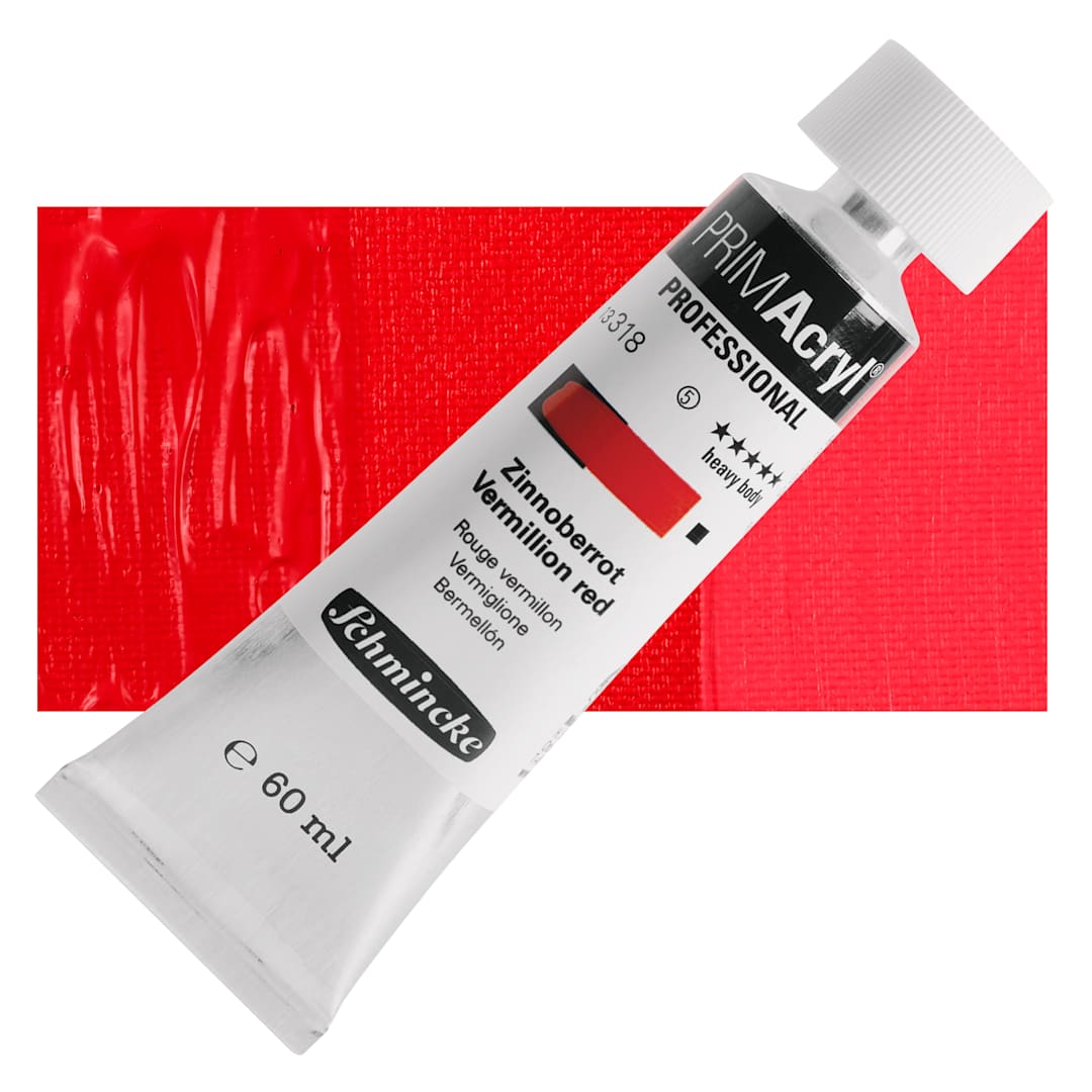 Open in modal - Schmincke Primacryl Professional Acrylic Paint - Vermilion Red, 60 ml Tube and swatch