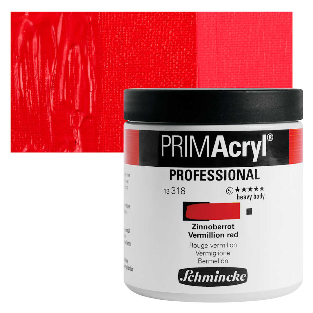 Open in modal - Schmincke Primacryl Professional Acrylic Paint - Vermilion Red, 237 ml Jar and swatch