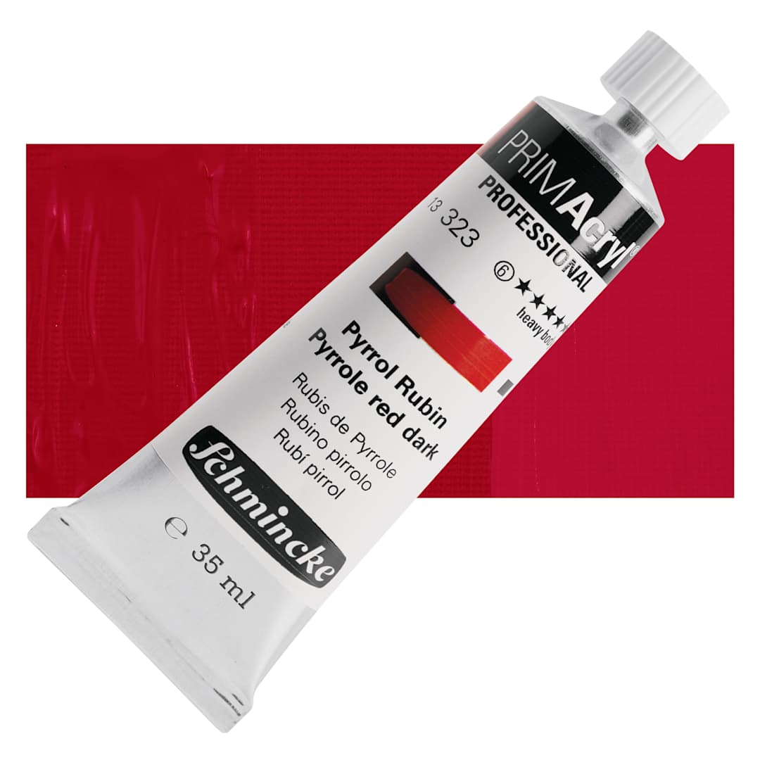 Open in modal - Schmincke Primacryl Professional Acrylic Paint - Pyrrole Red Dark, 35 ml Tube and swatch