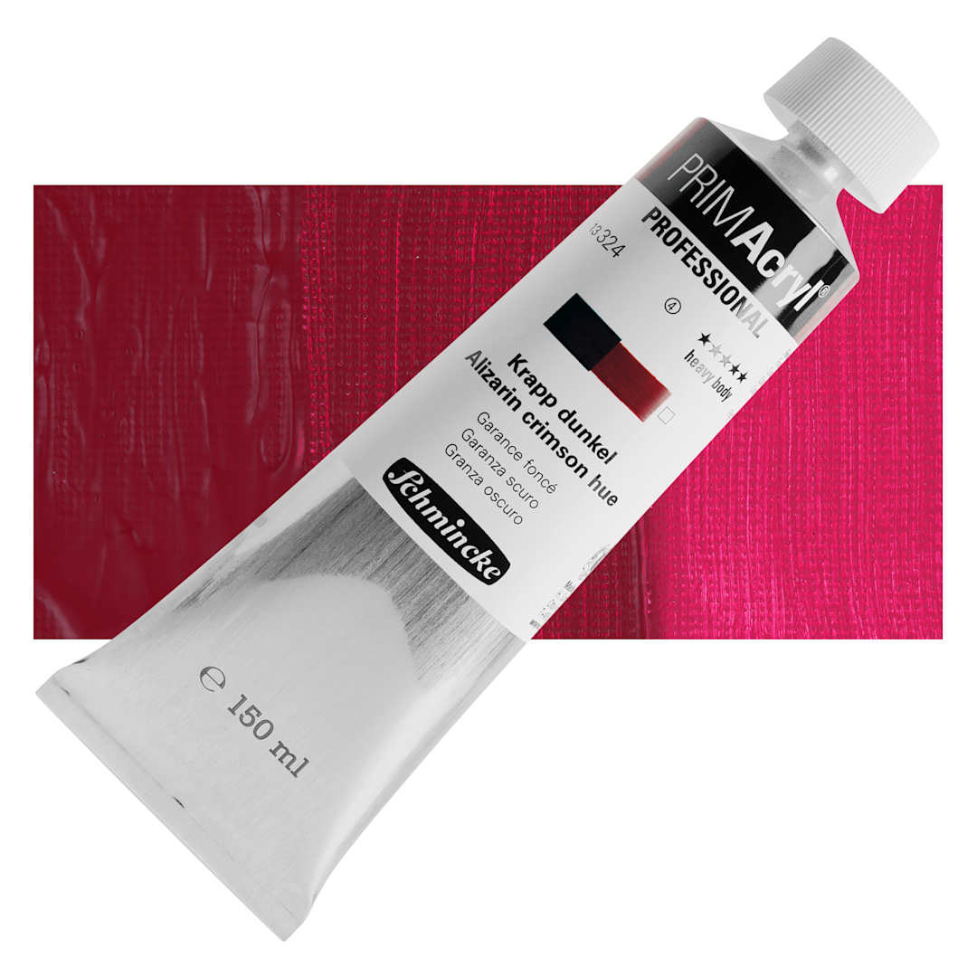 Open in modal - Schmincke Primacryl Professional Acrylic Paint - Alizarin Crimson Hue, 150 ml Tube and swatch
