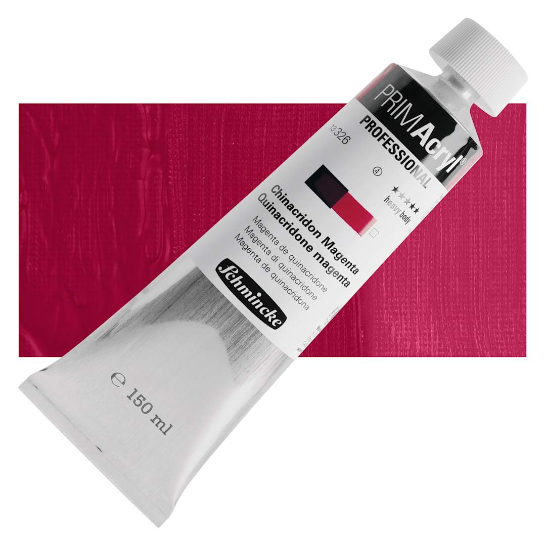 Open in modal - Schmincke Primacryl Professional Acrylic Paint - Quinacridone Magenta, 150 ml Tube and swatch