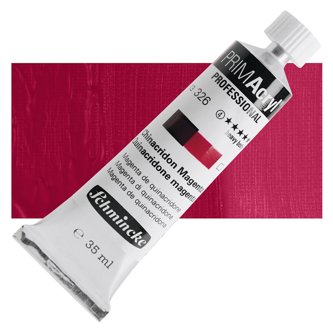 Open in modal - Schmincke Primacryl Professional Acrylic Paint - Quinacridone Magenta, 35 ml Tube and swatch