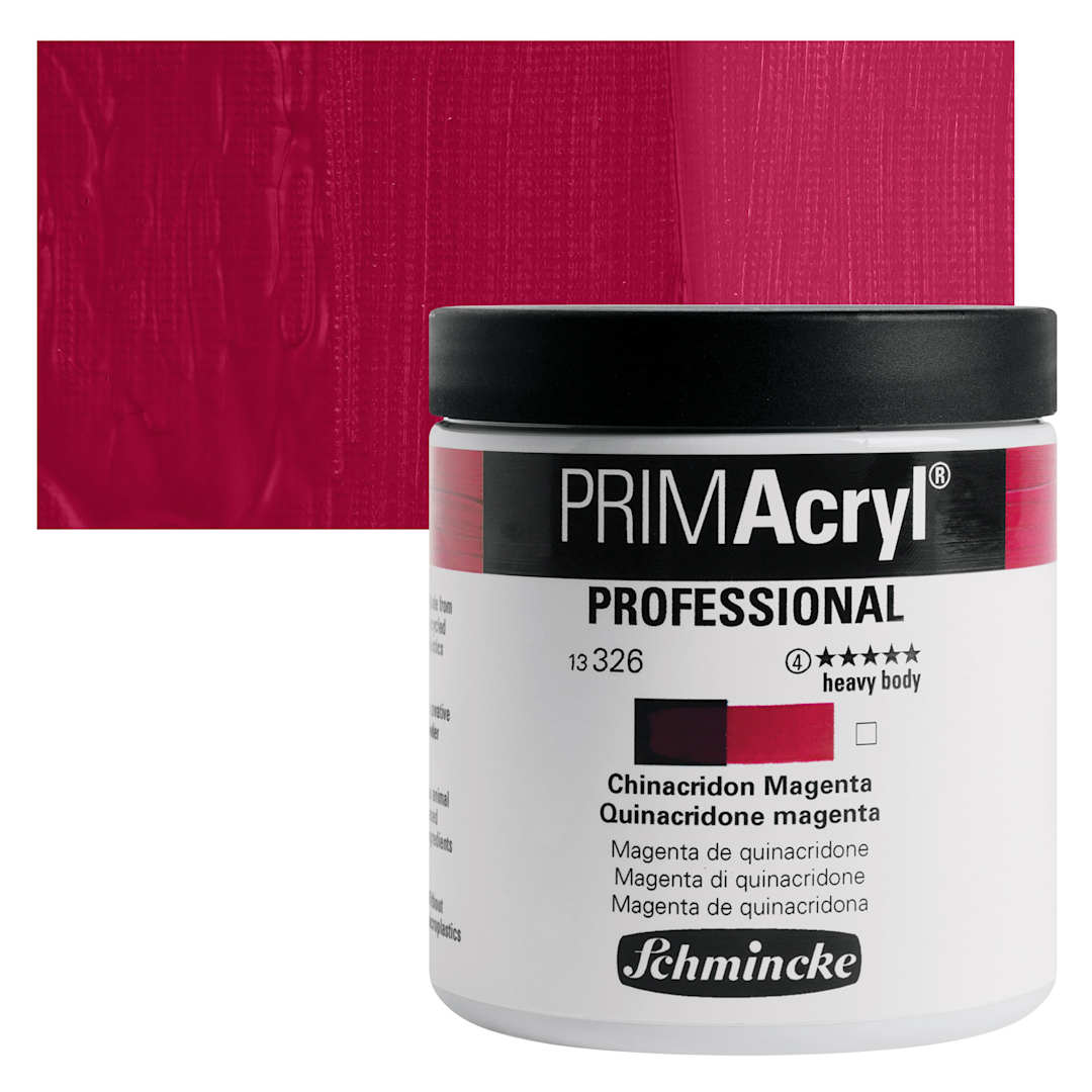 Open in modal - Schmincke Primacryl Professional Acrylic Paint - Quinacridone Magenta, 237 ml Jar and swatch