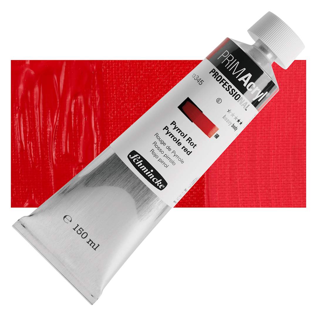 Open in modal - Schmincke Primacryl Professional Acrylic Paint - Pyrrole Red, 150 ml Tube and swatch