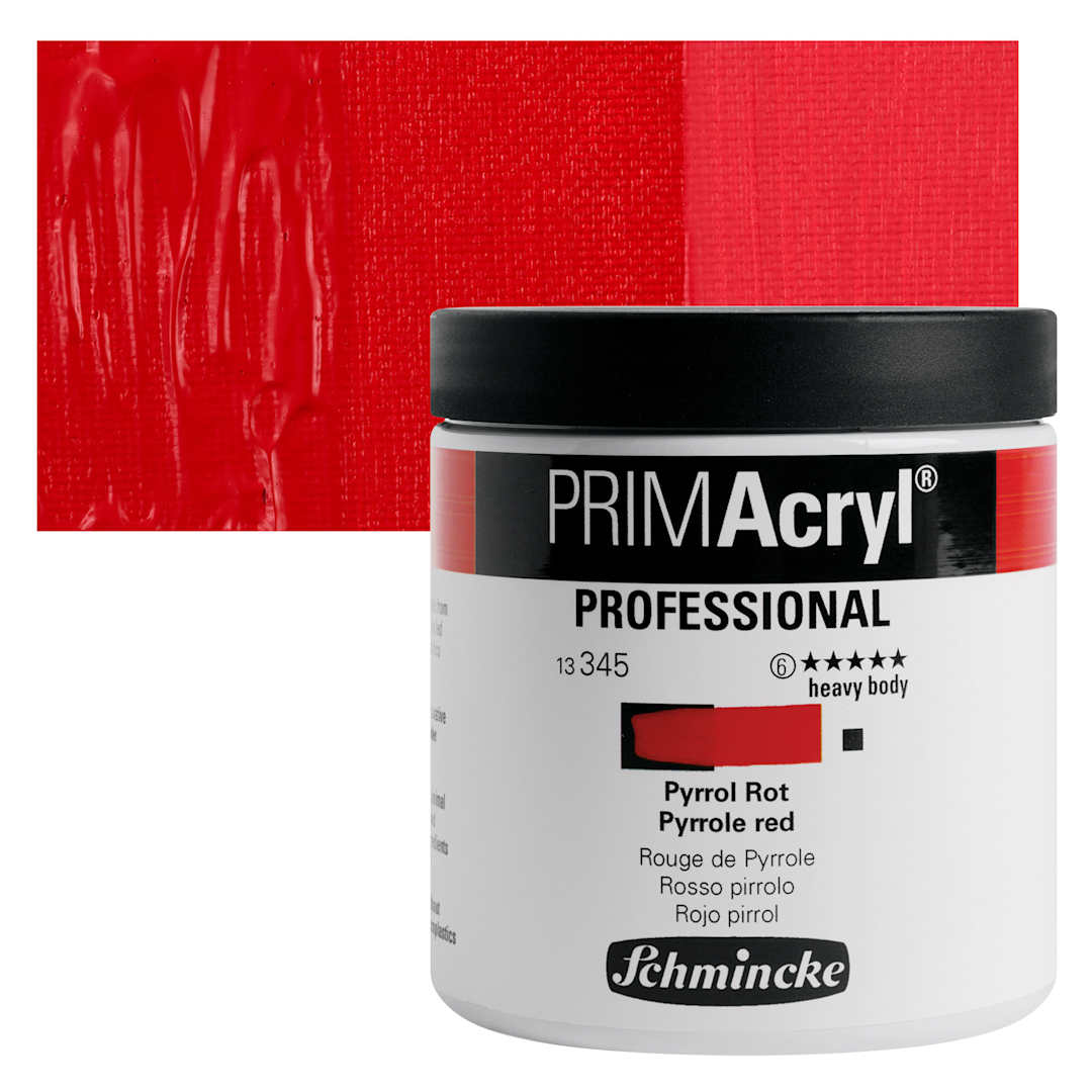 Open in modal - Schmincke Primacryl Professional Acrylic Paint - Pyrrole Red, 237 ml Jar and swatch