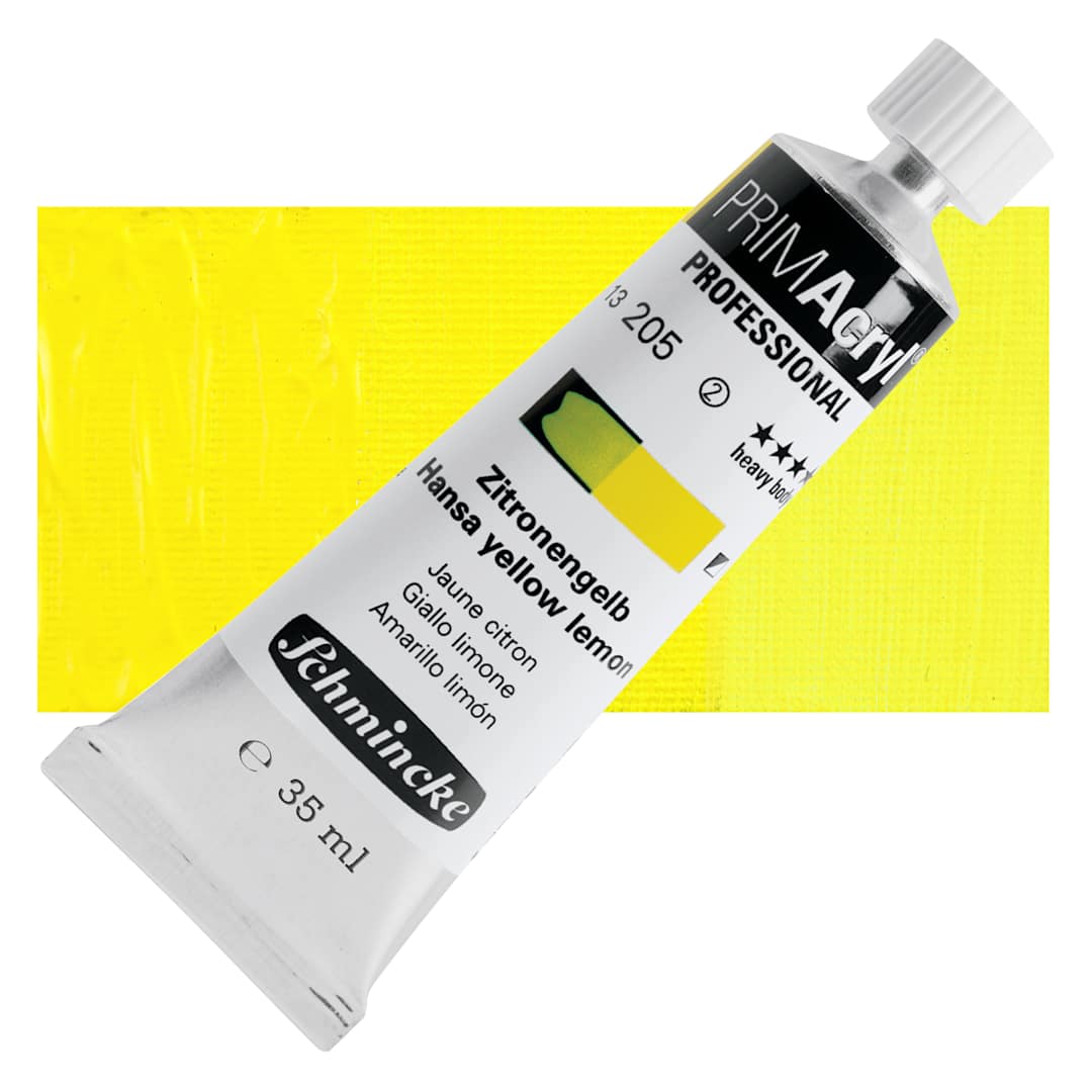 Open in modal - Schmincke Primacryl Professional Acrylic Paint - Hansa Yellow Lemon, 35 ml Tube and swatch