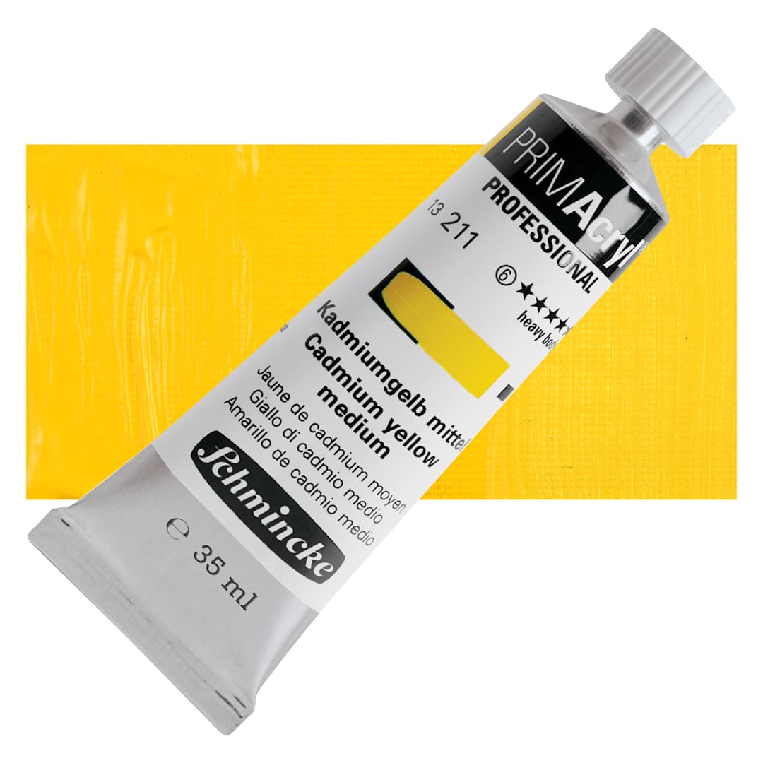 Open in modal - Schmincke Primacryl Professional Acrylic Paint - Cadmium Yellow Medium, 35 ml Tube and swatch