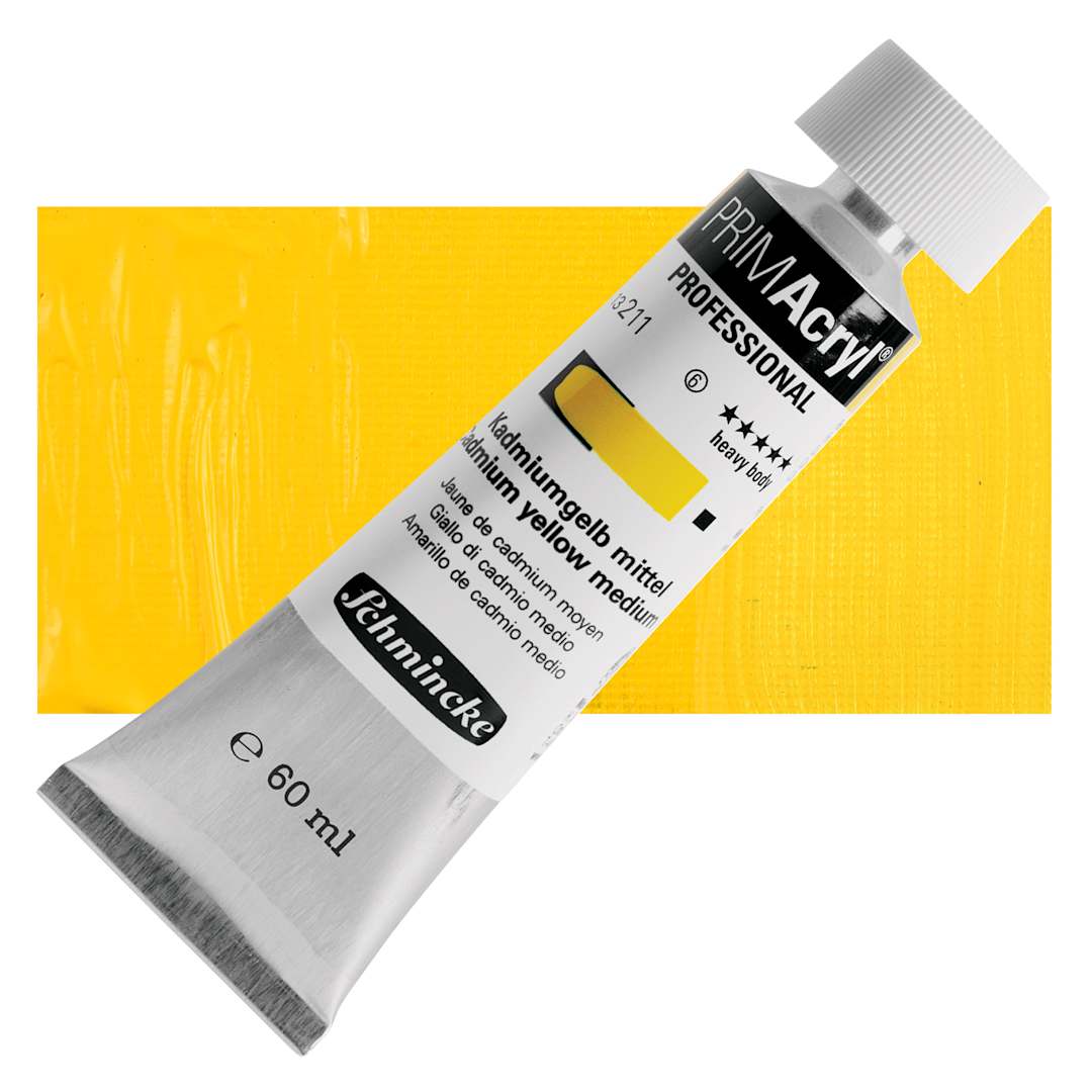 Open in modal - Schmincke Primacryl Professional Acrylic Paint - Cadmium Yellow Medium, 60 ml Tube and swatch