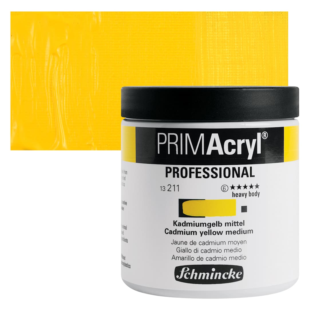 Open in modal - Schmincke Primacryl Professional Acrylic Paint - Cadmium Yellow Medium, 237 ml Jar and swatch