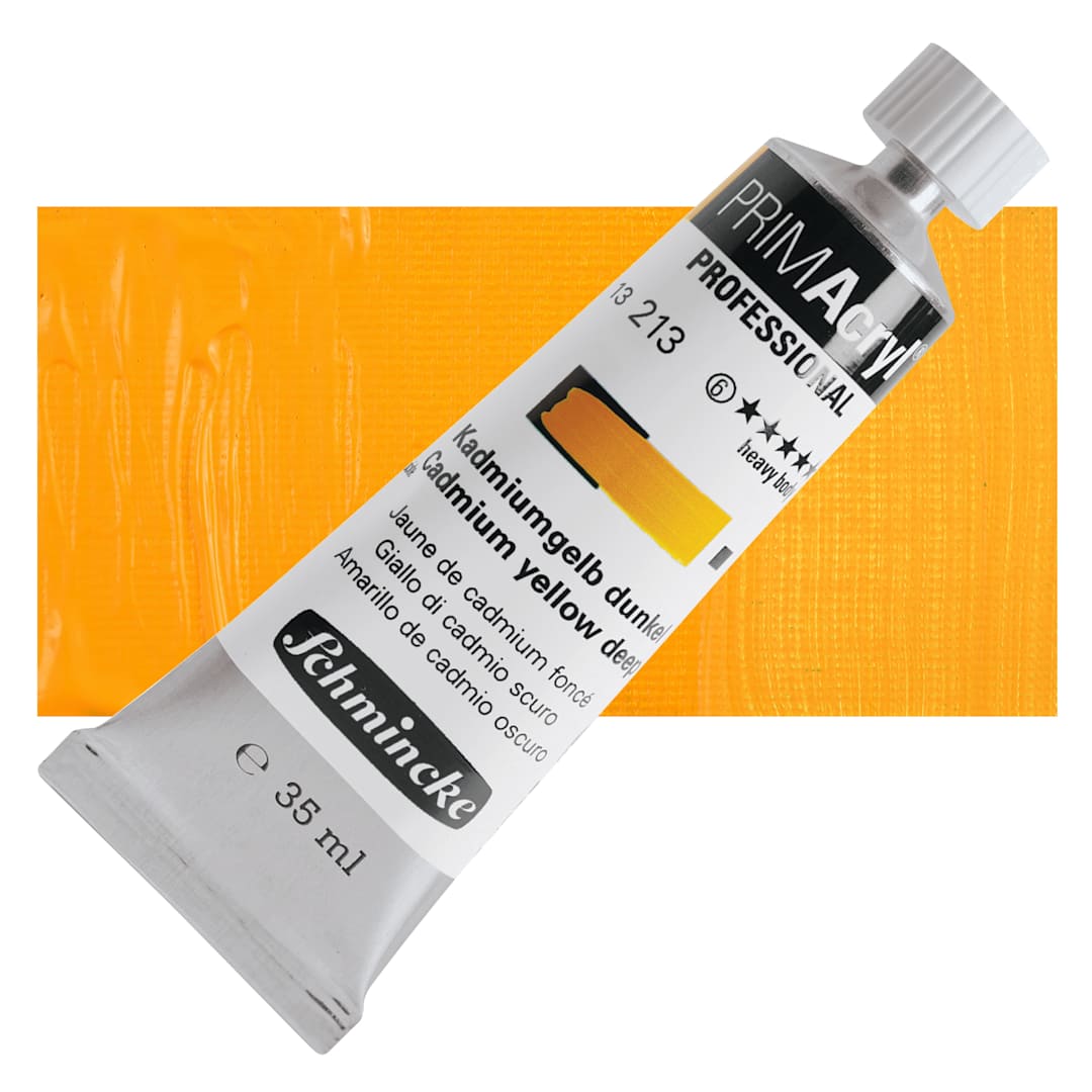 Open in modal - Schmincke Primacryl Professional Acrylic Paint - Cadmium Yellow Deep, 35 ml Tube and swatch
