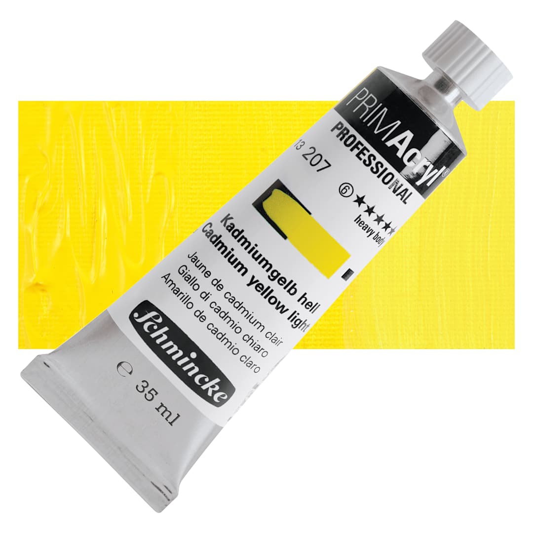 Open in modal - Schmincke Primacryl Professional Acrylic Paint - Cadmium Yellow Light, 35 ml Tube and swatch