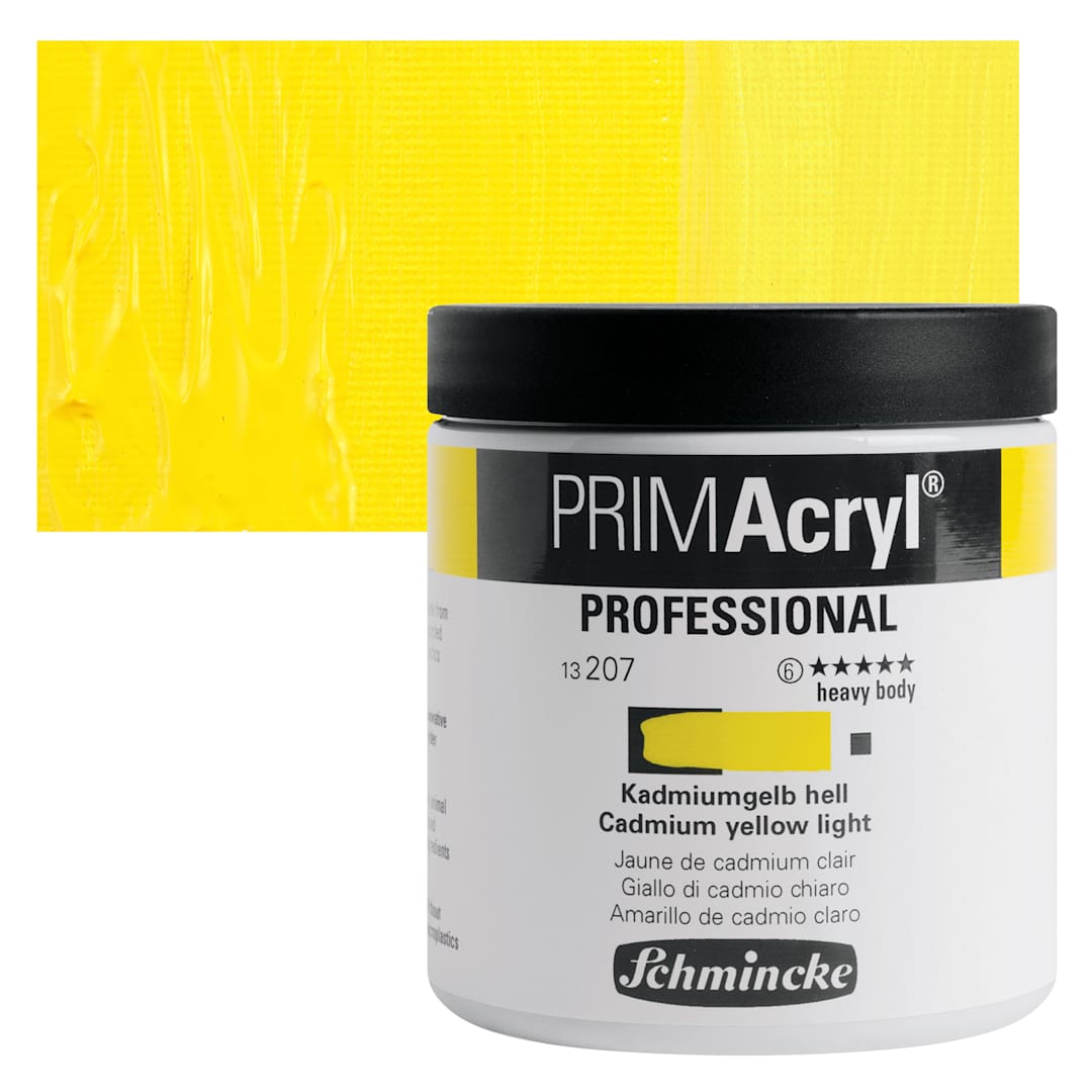Open in modal - Schmincke Primacryl Professional Acrylic Paint - Cadmium Yellow Light, 237 ml Jar and swatch
