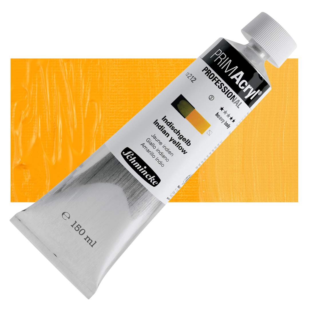 Open in modal - Schmincke Primacryl Professional Acrylic Paint - Indian Yellow, 150 ml Tube and swatch