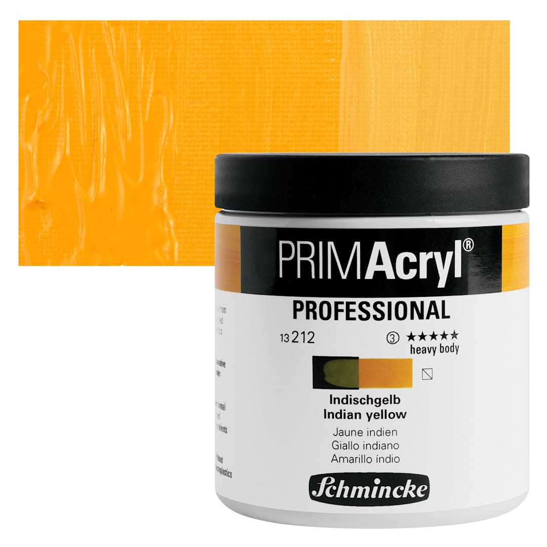 Open in modal - Schmincke Primacryl Professional Acrylic Paint - Indian Yellow, 237 ml Jar and swatch