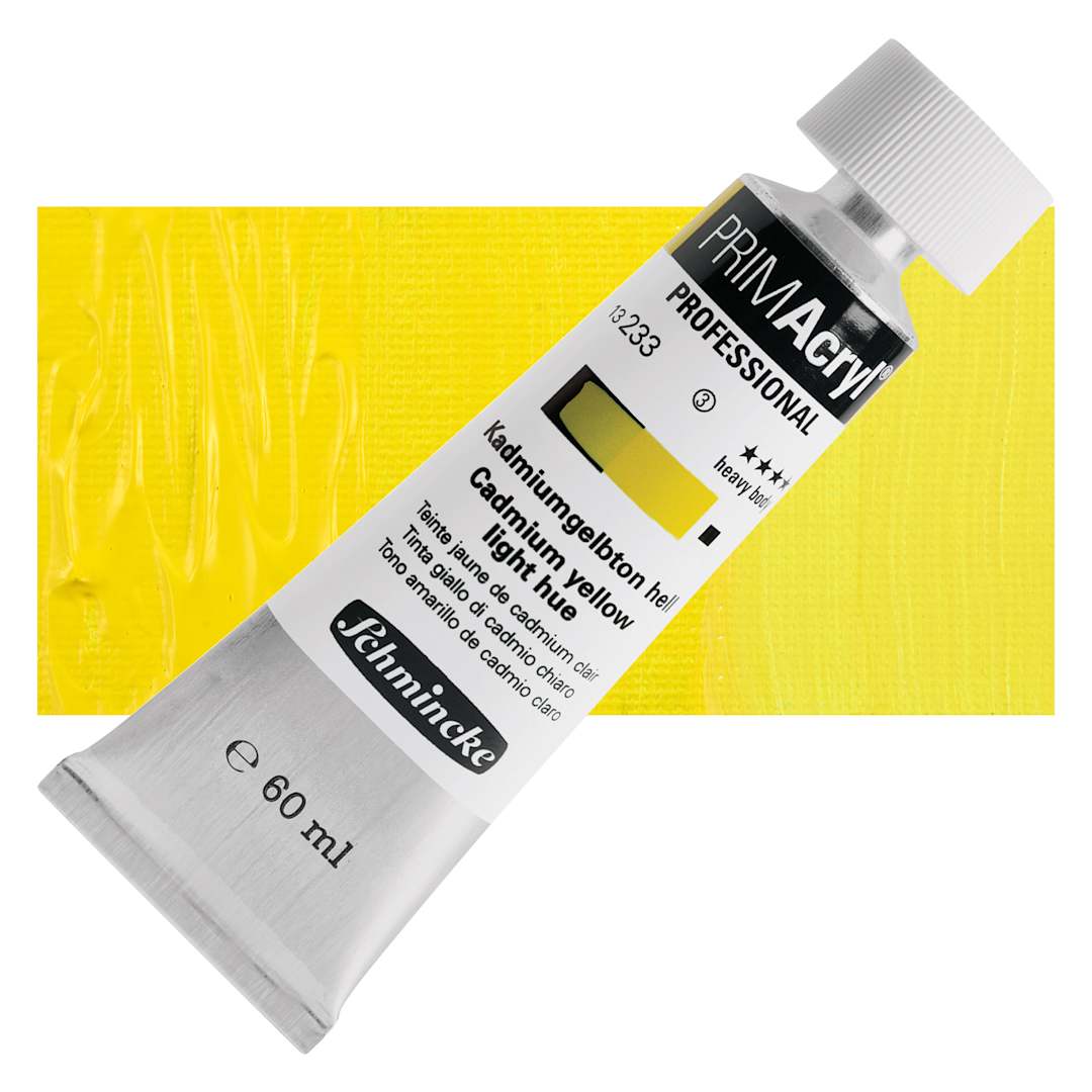 Open in modal - Schmincke Primacryl Professional Acrylic Paint - Cadmium Yellow Light Hue, 60 ml Tube and swatch