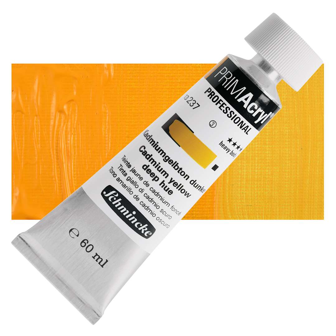 Open in modal - Schmincke Primacryl Professional Acrylic Paint - Cadmium Yellow Deep Hue, 60 ml Tube and swatch