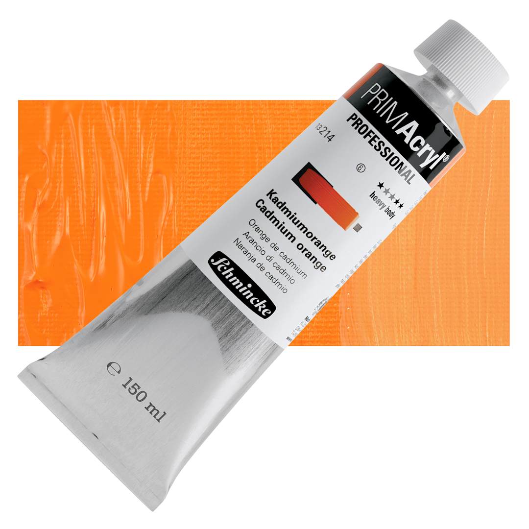 Open in modal - Schmincke Primacryl Professional Acrylic Paint - Cadmium Orange, 150 ml Tube and swatch