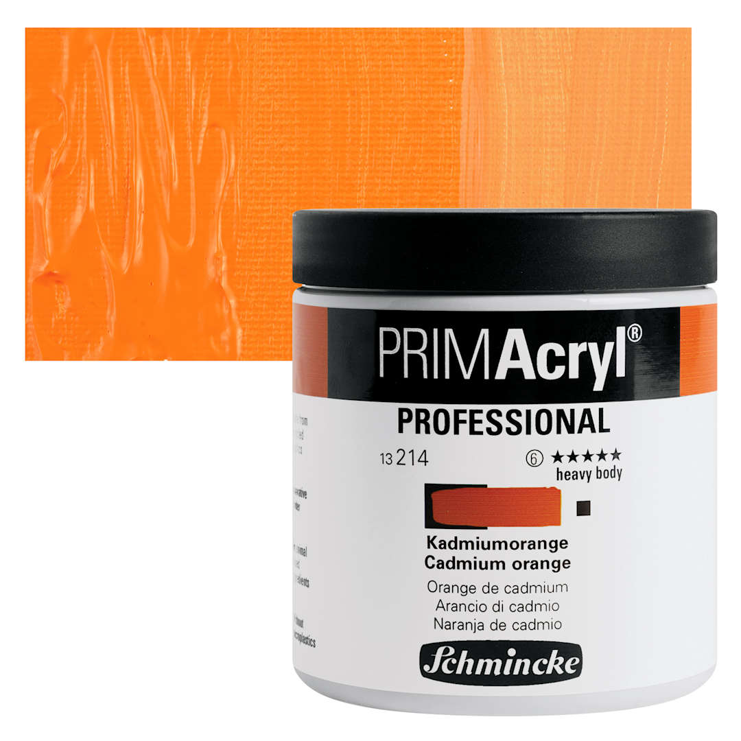 Open in modal - Schmincke Primacryl Professional Acrylic Paint - Cadmium Orange, 237 ml Jar and swatch