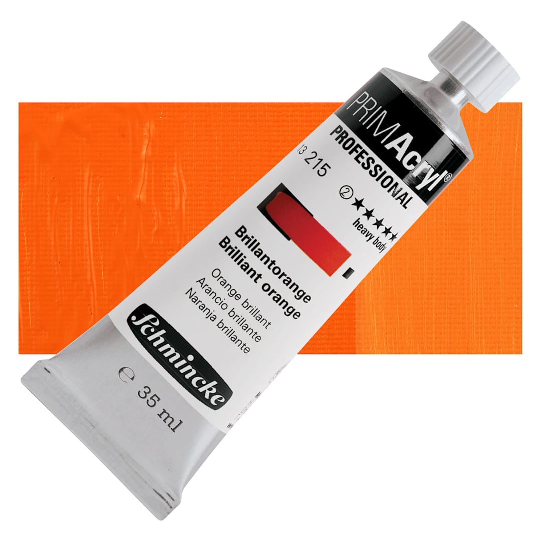 Open in modal - Schmincke Primacryl Professional Acrylic Paint - Brilliant Orange, 35 ml Tube and swatch