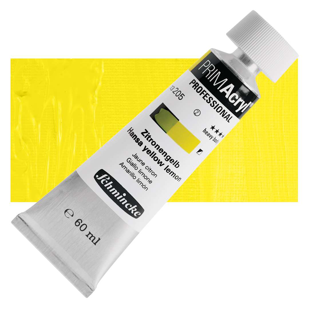 Open in modal - Schmincke Primacryl Professional Acrylic Paint - Hansa Yellow Lemon, 60 ml Tube and swatch