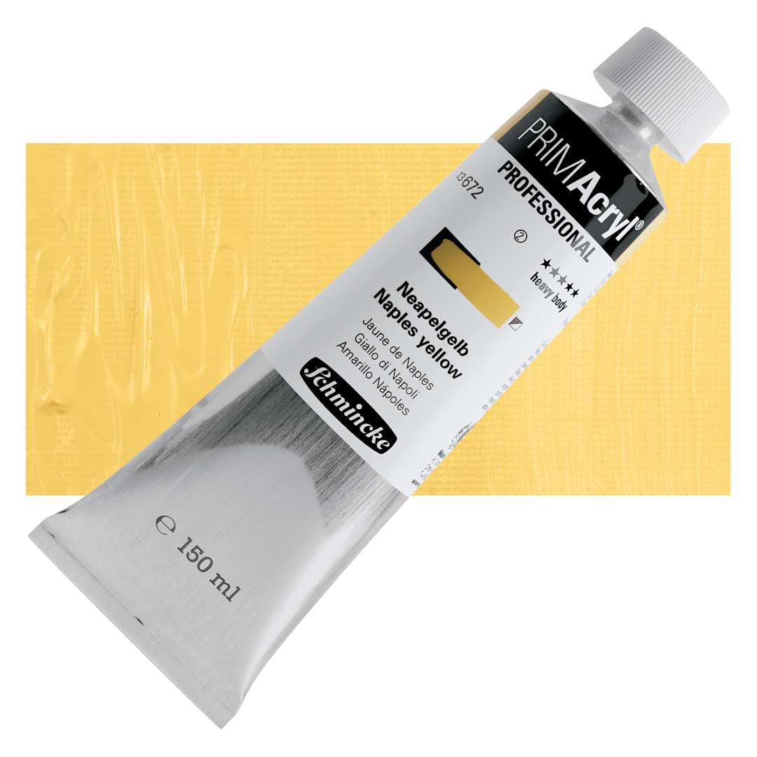 Open in modal - Schmincke Primacryl Professional Acrylic Paint - Naples Yellow, 150 ml Tube and swatch