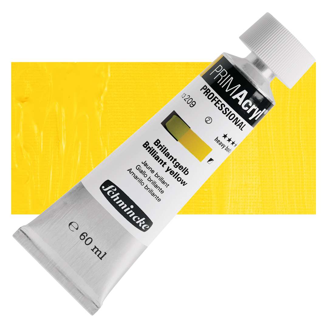 Open in modal - Schmincke Primacryl Professional Acrylic Paint - Brilliant Yellow, 60 ml Tube and swatch