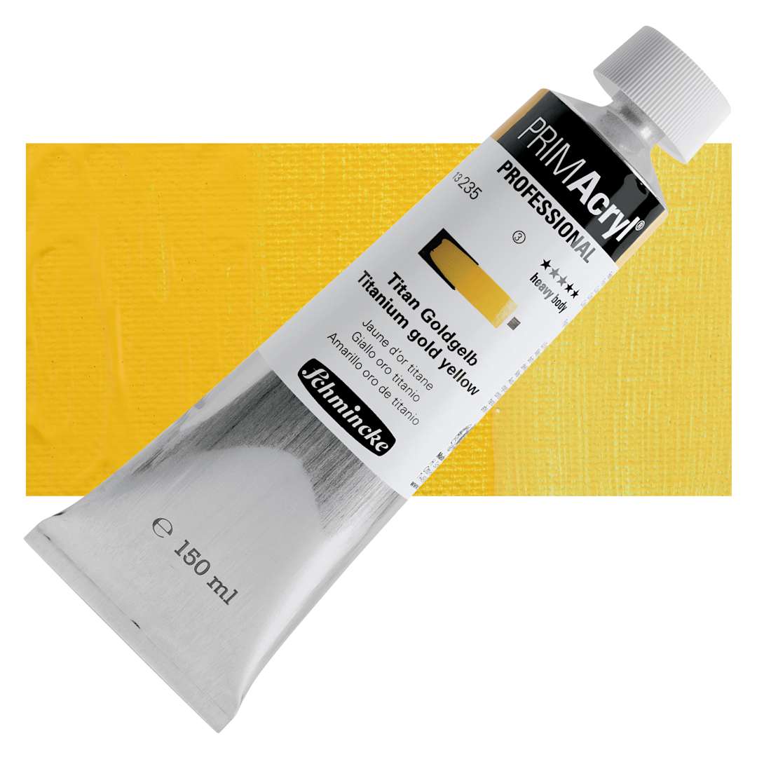 Open in modal - Schmincke Primacryl Professional Acrylic Paint - Titanium Gold Yellow, 150 ml Tube and swatch