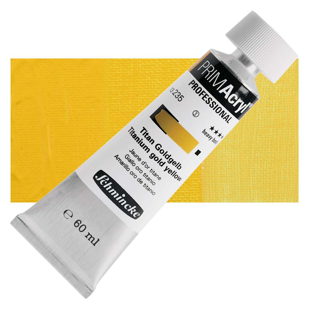 Open in modal - Schmincke Primacryl Professional Acrylic Paint - Titanium Gold Yellow, 60 ml Tube and swatch
