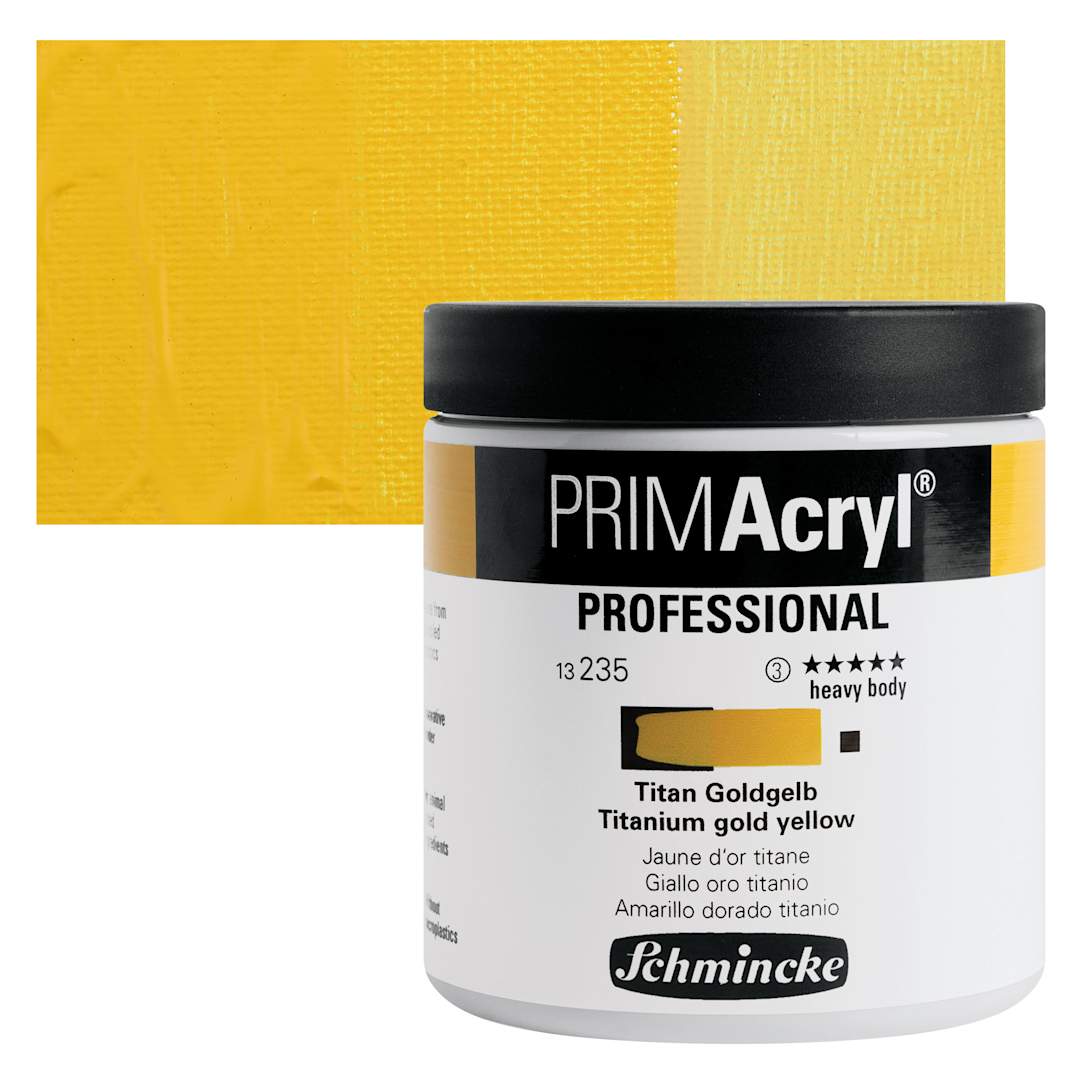 Open in modal - Schmincke Primacryl Professional Acrylic Paint - Titanium Gold Yellow, 237 ml Jar and swatch