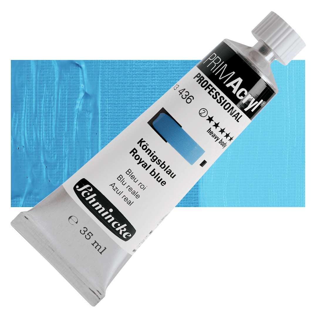 Open in modal - Schmincke Primacryl Professional Acrylic Paint - Royal Blue, 35 ml Tube and swatch