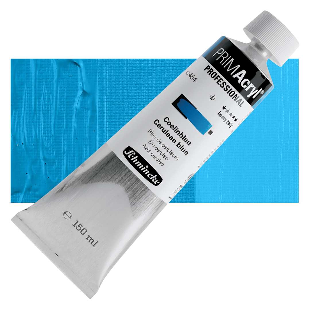 Open in modal - Schmincke Primacryl Professional Acrylic Paint - Cerulean Blue, 150 ml Tube and swatch