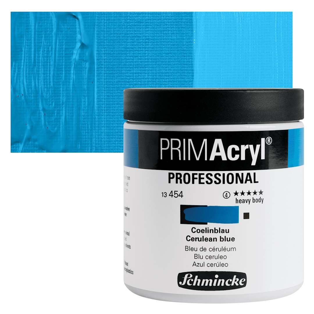 Open in modal - Schmincke Primacryl Professional Acrylic Paint - Cerulean Blue, 237 ml Jar and swatch