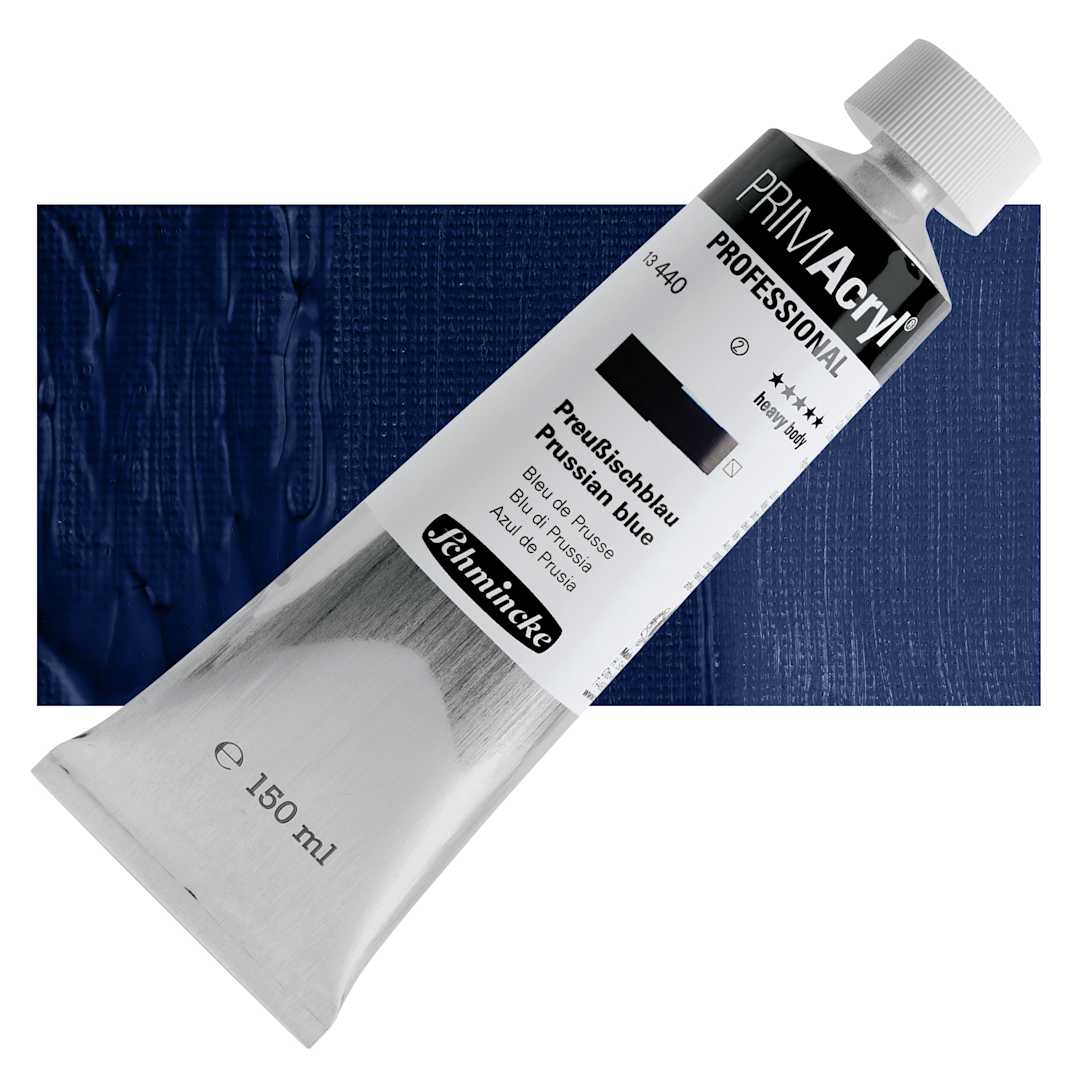 Open in modal - Schmincke Primacryl Professional Acrylic Paint - Prussian Blue, 150 ml Tube and swatch
