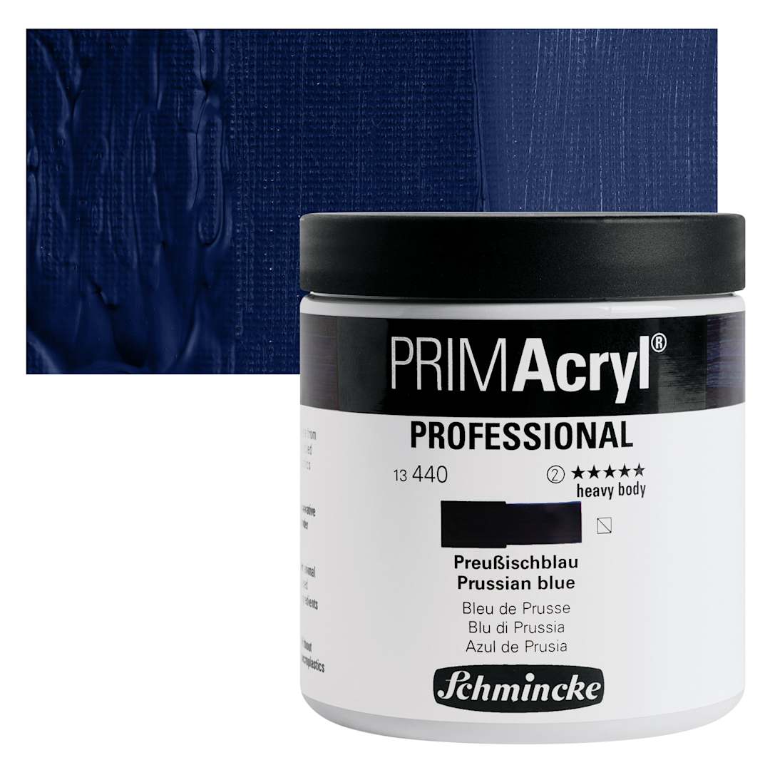 Open in modal - Schmincke Primacryl Professional Acrylic Paint - Prussian Blue, 237 ml Jar and swatch