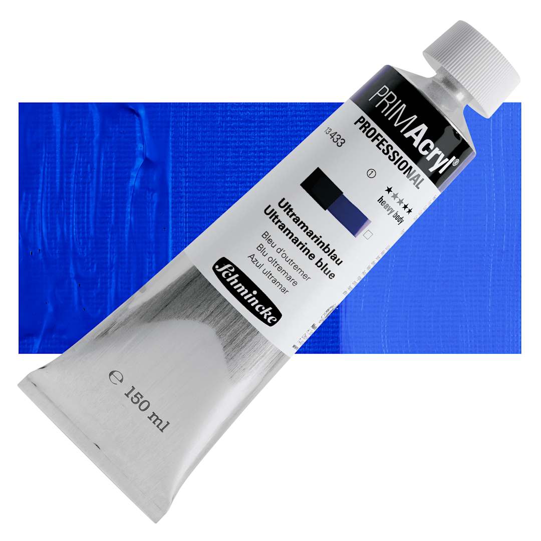 Open in modal - Schmincke Primacryl Professional Acrylic Paint - Ultramarine Blue, 150 ml Tube and swatch