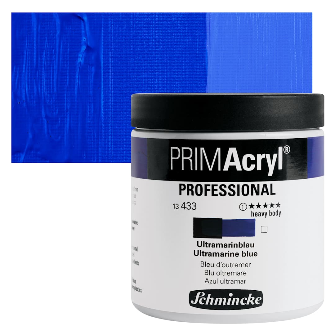 Open in modal - Schmincke Primacryl Professional Acrylic Paint - Ultramarine Blue, 237 ml Jar and swatch
