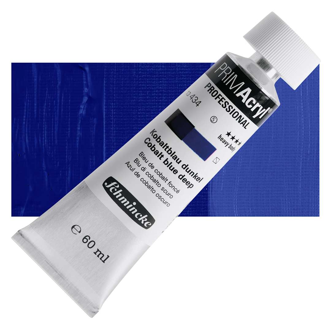 Open in modal - Schmincke Primacryl Professional Acrylic Paint - Cobalt Blue Deep, 60 ml Tube and swatch