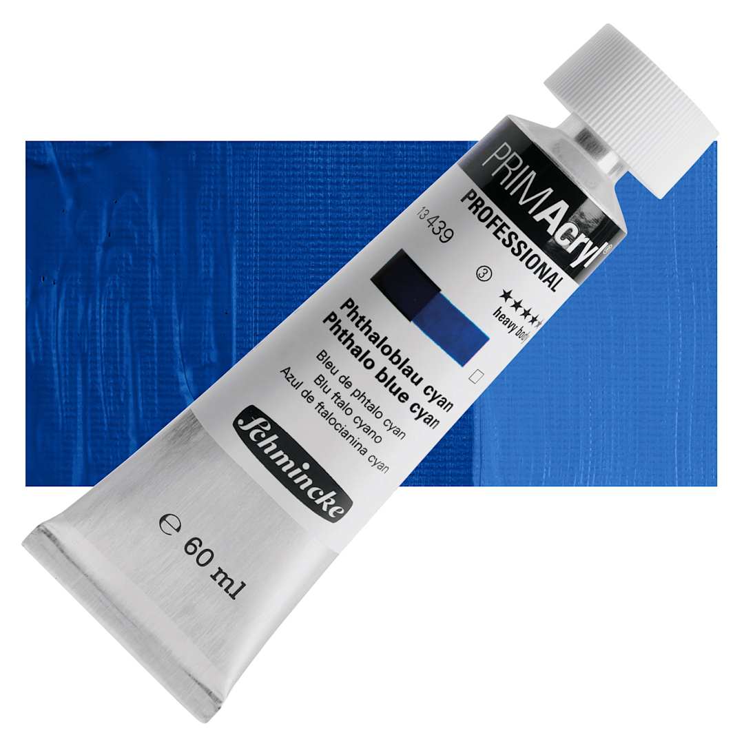 Open in modal - Schmincke Primacryl Professional Acrylic Paint - Phthalo Blue Cyan, 60 ml Tube and swatch