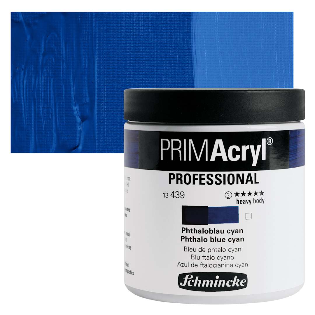 Open in modal - Schmincke Primacryl Professional Acrylic Paint - Phthalo Blue Cyan, 237 ml Jar and swatch