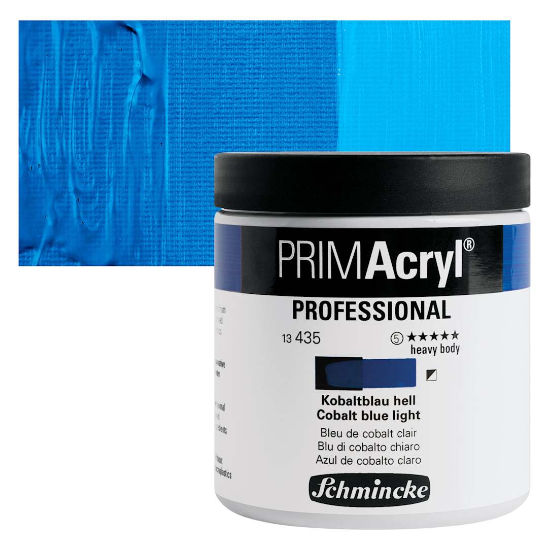 Open in modal - Schmincke Primacryl Professional Acrylic Paint - Cobalt Blue Light, 237 ml Jar and swatch
