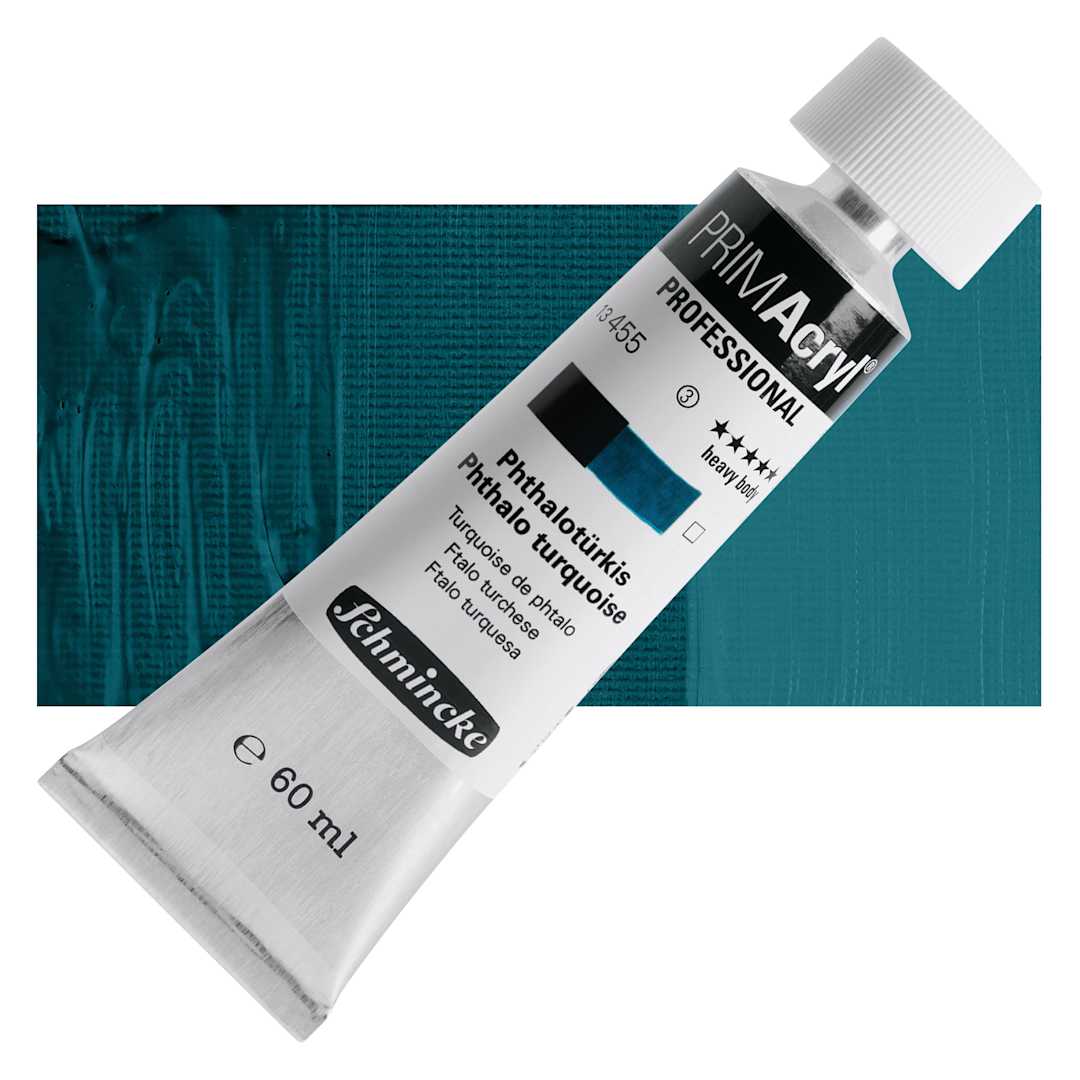Open in modal - Schmincke Primacryl Professional Acrylic Paint - Phthalo Turquoise, 60 ml Tube and swatch
