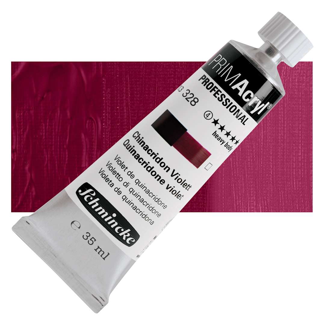 Open in modal - Schmincke Primacryl Professional Acrylic Paint - Quinacridone Violet, 35 ml Tube and swatch